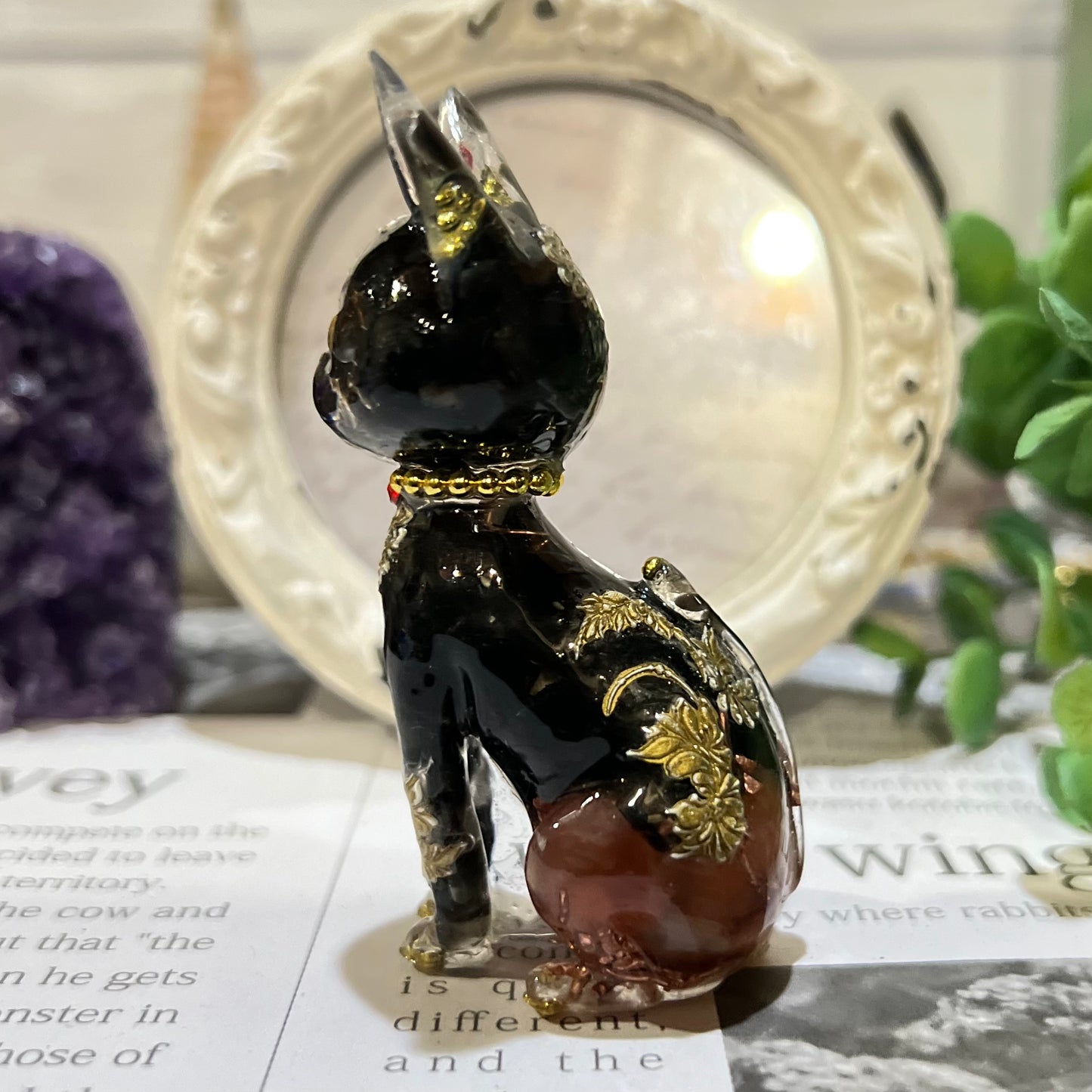 オレンジムーンストーン オブシディアン 猫さんオルゴナイト