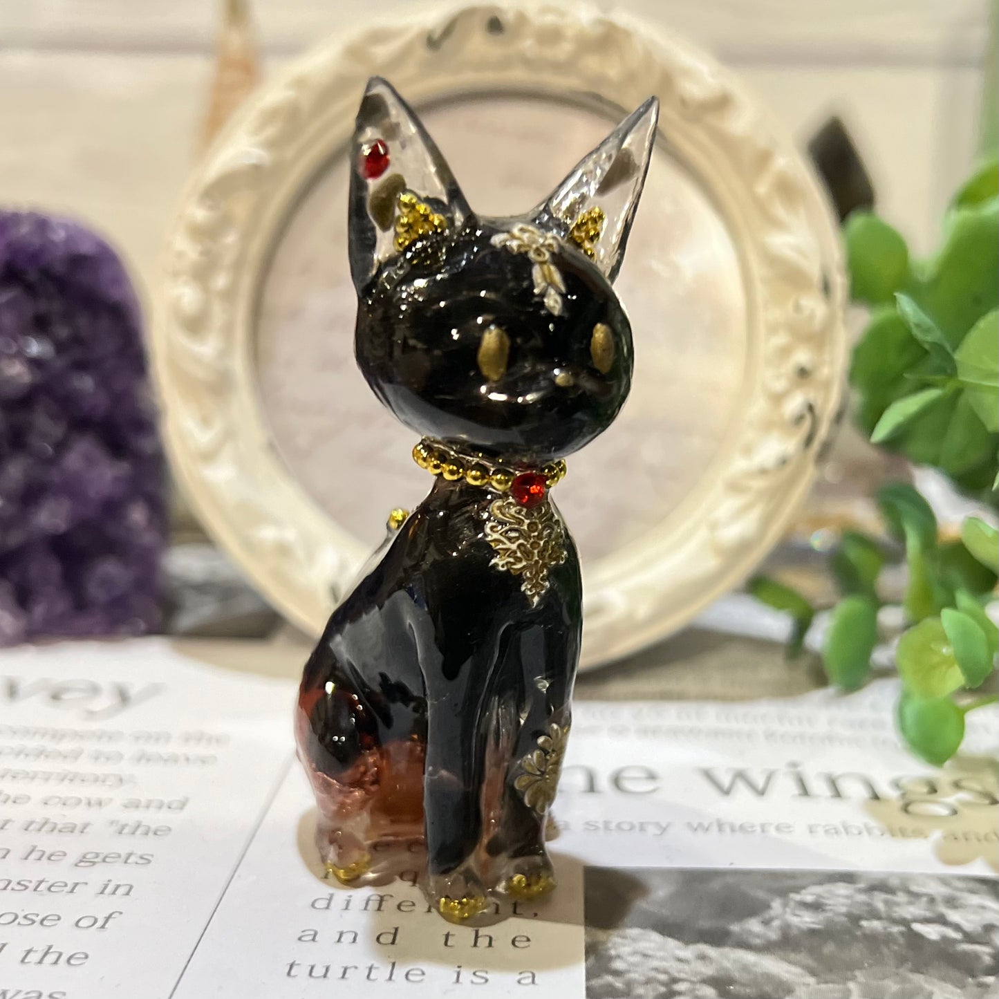 オレンジムーンストーン オブシディアン　猫さんオルゴナイト