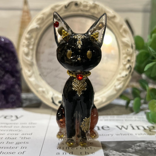 オレンジムーンストーン オブシディアン　猫さんオルゴナイト