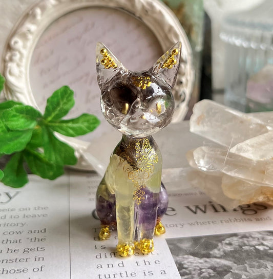 癒しと浄化 安らぎの猫さん オルゴナイト   ブラウン～パープル